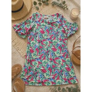 Pappagallo Victoria Island Dress Womens 2XL Pink Tropical Palm Print Ruffle NWOT
